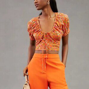 Anthropologie Banjanan Marilyn Crop Orange Floral cotton Top Beach Vacation M